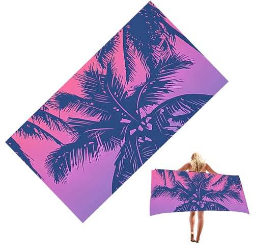 Large Microfiber Beach Towel for Adults, 140 × 70 cm Quick Dry Beach Towel, Sand Free Microfiber Towels for The Beach, Lightweight & Compact – 100% Recycled Material – Purple with Palm Tree Design