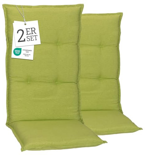 Beo® Turin Hochlehner Gartenstuhl-Auflagen 2er Set | Waschbar | Made in EU | Öko-Tex Standard | Atmungsaktiv | UV-beständig | 118x46x8 cm | Sitzkissen Outdoor hochwertig