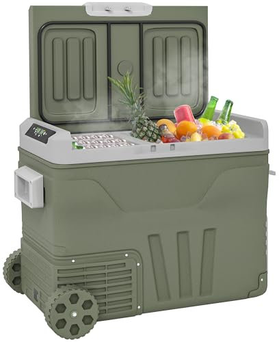 Outsunny Nevera Portátil Eléctrica 45L Refrigerador de Coche -20℃ a +20 ℃ 12V/24V Mini Frigorífico con Ruedas Compresor Pantalla LED Táctil para Hogar Camping Viajes Automóvil 64,5x43,5x53 cm Verde