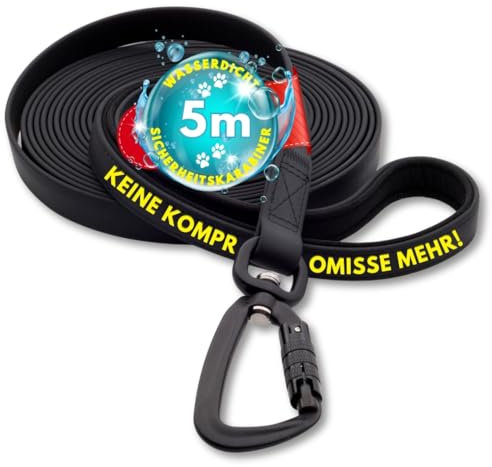 Festland DESIGN® Schleppleine 5m / 10m für Hunde – Hundeleine mit Handschlaufe & Sicherheitskarabiner, robuste Laufleine, Übungsleine abwaschbar, wasserdichte Trainingsleine schwarz (Schwarz 5m)