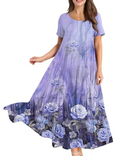 Women Dresses Size 14 UK, Womens Summer Maxi Boho Beach Dress Floral Print Sundress Crew Neck Short Sleeve High Waist Flowy Tiered Long Dresses Birthday Gifts for Women,Purple,M,u129k