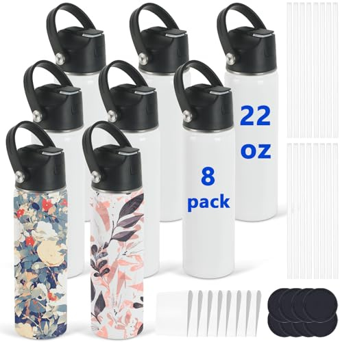 Draheri Sublimations-Sport-Wasserflaschen-Rohlinge, 625 ml, Thermobecher, Edelstahl, isoliert, mit auslaufsicherem Deckel und tragbarem Griff, einzeln verpackt (8 Stück)