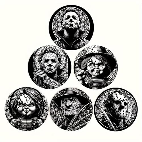Lot de 6 sous-verres Horror Movie Hallowèèn, Nuit Horror, Freddy, Jason, noir et blanc, pour thé, repose sachets, boissons, petit-déjeuner, bière, idées cadeaux