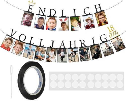 ouhos Girlande 18. Geburtstag Junge Schwarz - ENDLICH VOLLJÄHRIG 18 - Fotogirlande zum 18. Geburtstag - inkl. 18 Glitzerkarten für Fotos von 1 bis 18 Jahre - Meilensteine Geburtstagsdeko 18 Junge
