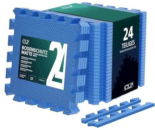 CLP Bodenschutzmatte Fitness 30x30 cm groß extra dick Set Puzzlematte, rutschfeste Schutzmatten für Pool, Fitnessraum und Boden, Farbe:blau, Set-Inhalt:24er-Set