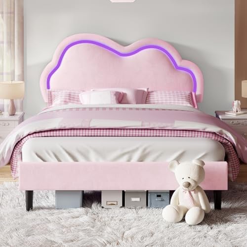 LUXOAK Kinderbett 140x200, Polsterbett mit LED Kopfteil und Stauraum, Rosa | Cloud Design Kopfteil, RGB LED Beleuchtung, App & Fernbedienung, Metallrahmen, 360 kg Belastbarkeit