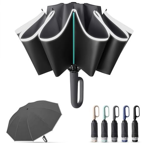 Kisizity Regenschirm Sturmfest, 10 Rippen Umgekehrter Regenschirm Automatik Auf und Zu, 106cm Durchmesser Golf Umbrella mit Schnallengriff und 360° Reflektierende Streifen für Herren und Damen