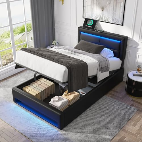 NuvlaGu Himmelbett mit LED-Beleuchtung, PU Leder, 90x200 cm, USB-Ladestation, Wireless Charging, 4 Schubladen, Litschi-Design, Ohne Matratze (Black + PU, 90cm*200cm)