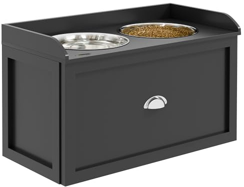 PawHut Gamelles Chiens Surélevées - Porte-Gamelles Surélevé Chat Rangement 2 en 1 - Tiroir, 2 Gamelles 2L - en Acier INOX et Bois Noir