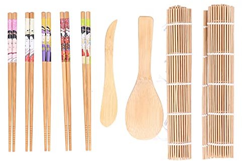 Bamboo Sushi Making Kit with 2 Rolling Mats 5 Chopstick Pairs Spatula - DIY Japanese Set for Beginners Kitchen