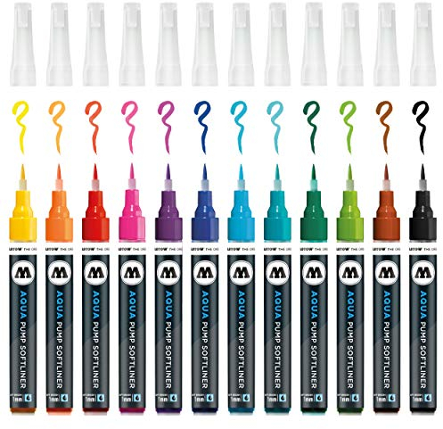 Molotow Grafx Aqua Ink Pump Softliner (Main-Kit 1, Strichstärke 1 mm, für Aquarelle und Kalligrafie) 12 Stück sortiert