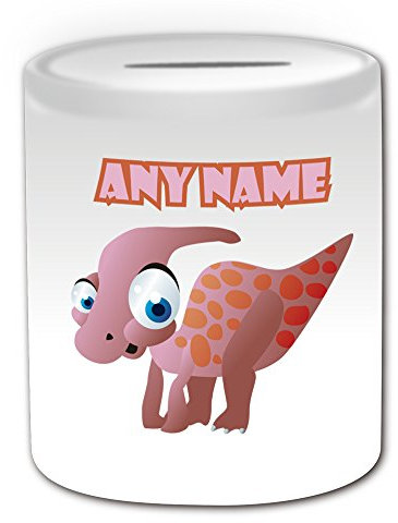 Personalised Gift - Parasaurolophus Money Box (Dinosaur Design Theme, White) - Any Name/Message on Your Unique - Piggy Bank Saving Jar Pot - Near Crested Lizard