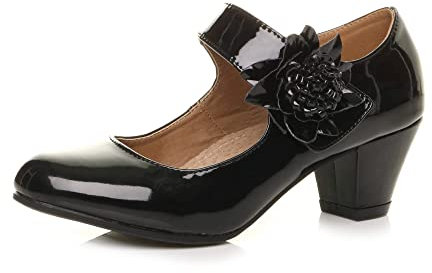 Womens Ladies mid Chunky Heel Mary Jane Flower Padded Comfort Shoes, Black Patent, 6 UK