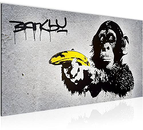 Runa Art Wandbild Affe mit Banane Pistole 1 Teilig 100 x 40 cm Modern Bild auf Vlies Leinwand Street Art Loft Wohnzimmer Grau 302812a