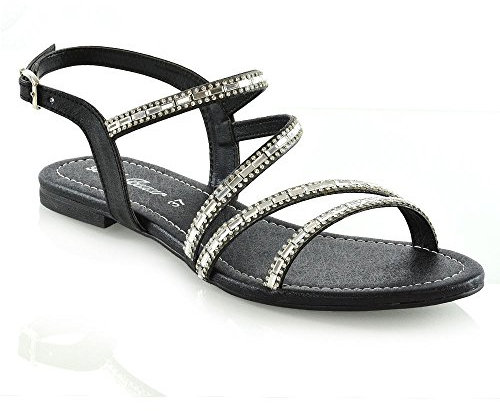 ESSEX GLAM Womens Ankle Strap Flat Sandals Ladies Open Toe Diamante Strap Sparkly Holiday Shoes