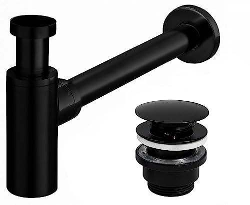REA Siphon für Waschtische + Ablaufventil Klick-Klack 2-Stück Set Verschiedene Farben (Schwarz Matt)