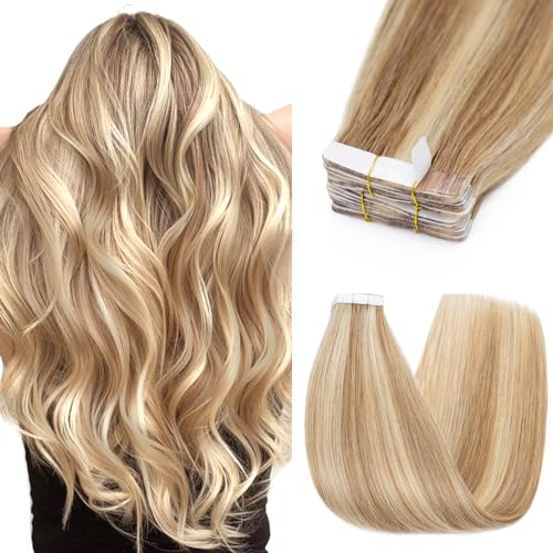 Silk-co Tape Extensions Echthaar 10stk, Remy Tape in Extensions Haarverlängerung, Skin Weft Echthaar Haarextensions Tape Kleber 20g, 12P613# Goldenbraun mix Bleichblond 30cm
