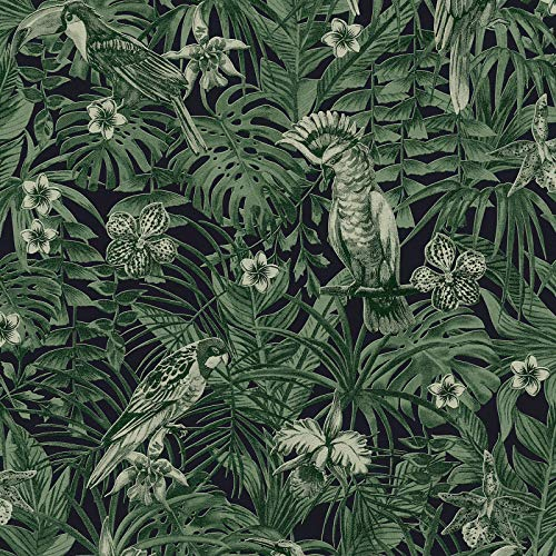 Tapete Blätter Monstera Grün | Tapete Papagei Tropisch Struktur | Vliestapete dunkelgrün für Wohnzimmer, Schlafzimmer! | Online kaufen!
