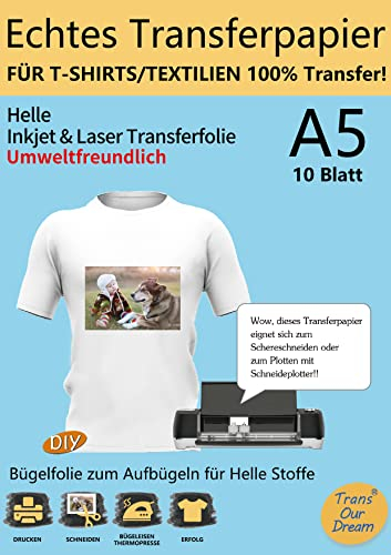 TransOurDream ECHTE Inkjet/Laser Transferfolie Transferpapier,DIN A5X10 Blatt,Bedruckbare Bügelfolie für helle T Shirts/Textilien,Folie für Tintenstrahldrucker und Laserdrucker(2.0-A5-10)