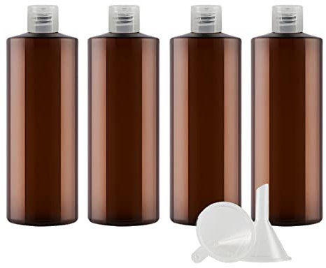 ZEOABSY 4 Pieces Empty 500ml Brown Plastic PET Bottles with Clear Flip Cap, Flat Shoulder Cosmetic Bottle for Travel Gel Soap Toner Refillable Sample Containers