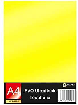 Evo Ultraflock Textilfolie für Plotter 33 Farben Flockfolie im Din A4 Format 30x20cm Plotterfolie für Stoff Kleidung T-Shirt Flock Folie Zubehör (1 Bogen, 002 Shellgelb)