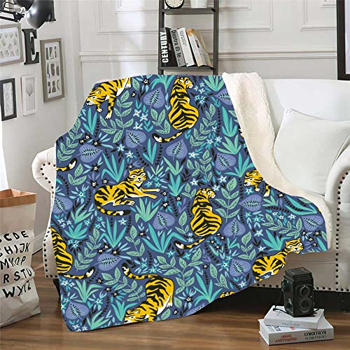 Kuscheldecke Tiger-Flieder-Cyan Decke Flanell Lammwolle Fleecedecke Doppelseitiges Design Fleecedecke Flauschig Decken Blanket Sofadecke Pflegeleicht Felldecke Wolldecken für Couch 150x200cm