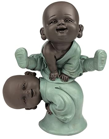 Statue Bonzes Hüpfer - Zen und Feng Shui Dekoration - um eine entspannende und spirituelle Atmosphäre zu schaffen - Geschenkidee Glücksbringer - Höhe : 12cm - Farbe : Grün und Braun - Zen'Light