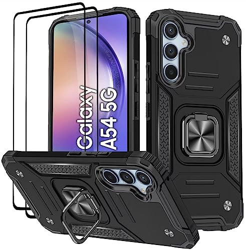 KANSi Funda para Samsung Galaxy A54 5G, Cristal Vidrio Templado [2 Piezas] Capa Anillo iman Soporte Hard PC y Silicona TPU Antigolpes Armor Carcasa - Negro