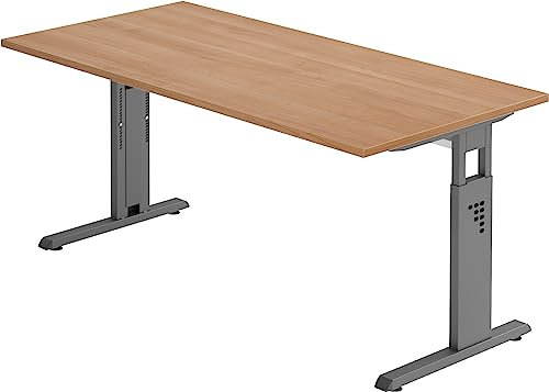 bümö höhenverstellbarer Schreibtisch O-Serie 160x80 cm in Nussbaum, Gestell in Graphit - PC Tisch für's Büro manuell höhenverstellbar, Computertisch verstellbar