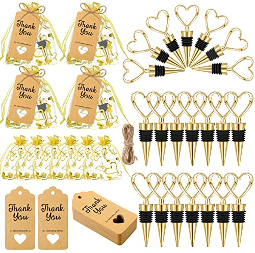 Buryeah 36 Set Heart Shaped Wine Stoppers Bulk Wedding Party Favors Love Beverage Bottle Stoppers with Sheer Bags, Labels, Ropes for Engagement Souvenirs Bridal Shower Valentines Day Gifts(Gold)