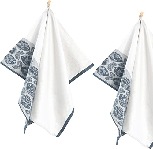 ZWOLTEX 2er Set Jacquard Geschirrtücher/Geschirrtuch | Küchentuch | Abtrockentuch | saugstarke Baumwolle I Sammlung Premium Geschirrtücher - 2x Fish F Navy (50x70)