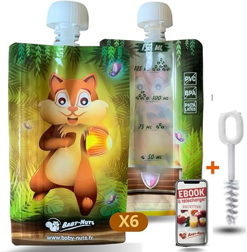 Gourde compote reutilisable 150 ml -lot de 6 +Ebook Offert de 30 recettes +Ecouvillons de nettoyage - en Coffret - Pour bébés et enfants | pochettes hermétiques écologique/économique.