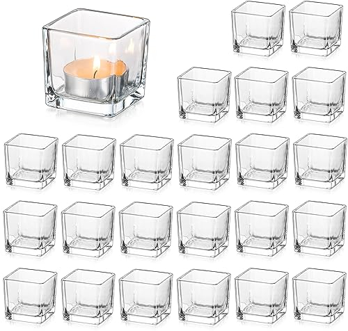 Glasseam Bougeoirs à Bougie en Verre Transparent, Lot de 24, Petits Bougeoirs CarréS en Vrac, Bougeoirs à Bougie De NoëL pour La Table du Salon, Bougeoirs à Bougie à RéChaud Modernes pour Les Centres