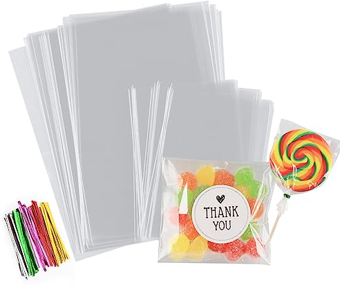 Sweelov 200 Süßigkeiten Tüten OPP Geschenktüten Cellophantüten groß 15x10cm und 10x7cm mit Metallbändern und Aufkleber Transparent Zellophantüten Süßigkeiten Tüten für Plätzchen Chocolate Süssigkeit