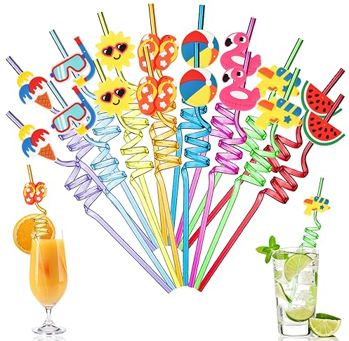 16 Pailles de Style Hawaïen en Plastique - Fournitures de Fête de Spa et Plage, Pailles à Boire Frisées, Décorations de Mariage, Faveurs d'Anniversaire