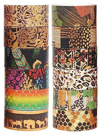 LGEGE 12 Rollen Tierstreifen Washi Tape Set,15mm breit,Leopard Print, Fischschuppen, Flecken Muster,Goldfolie Masking Tape Dekor für Scrapbook,Bullet Journal,Geschenkverpackungen,DIY Craft (3m)