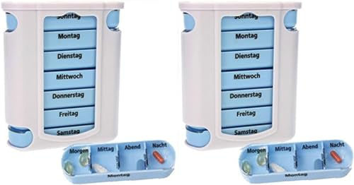 KAMACA 2 er Pack (= 2 Stück) praktischer Medikamentendosierer 14 Tage mit 4 Fächern pro Tag, Pillendose,Pillenbox, Tablettenbox, Wochendosierer (2er Set - 2 Wochen)