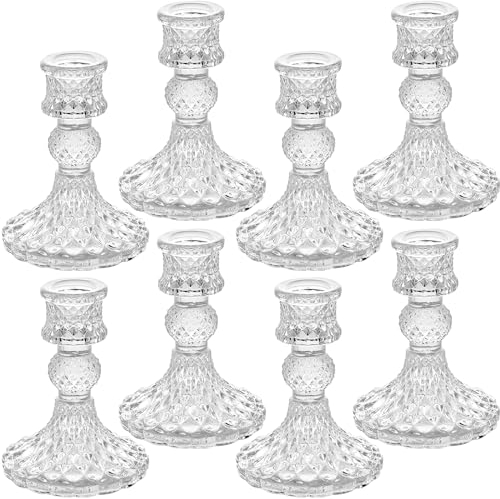 Clear Glass Candlestick Holders,8 pcs Set Diamond Style Taper Candle Holders for Formal Events, Wedding, Festival,Church, Party & Festival Decoration (Diamond-8)
