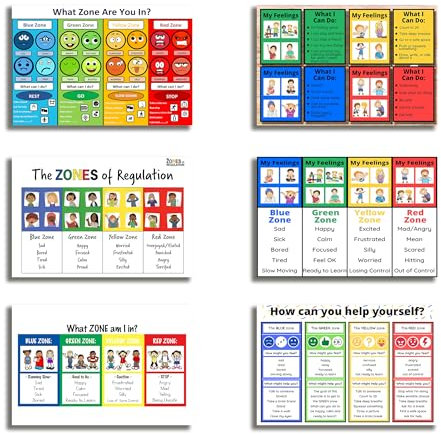 DEVENALSA Zones of Regulation Poster Gefühle Poster Emotionen Poster Calm Down Corner Poster Autismus Sensory Products 6er Set (20,3 x 30,5 cm)