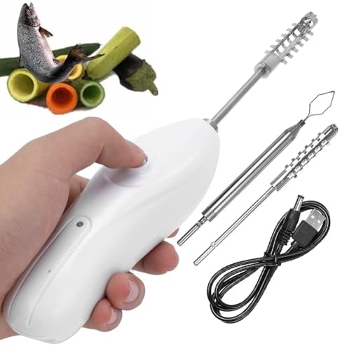 Electric Zucchini & Seafood Corer - Rechargeable, Stainless Steel Fruit & Vegetable Digging Machine - Includes 2 Cutter Heads - Scraping Scale & Descaling Tool