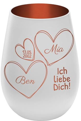 Windlicht mit Gravur ''In Liebe vereint'' - Weiß/Kupfer - Glas Teelichthalter personalisierbar mit Wunschtext - Geschenk zu Valentinstag Hochzeit Verlobung Jahrestag