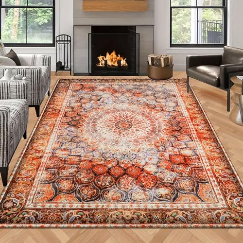 Oppakou Boho Tribal Quadrat Teppich Wohnzimmer 244x305cm, rutschfeste Waschbare Badezimmerteppiche, Weicher Kunstwolle Kurzflor Vorderbodenteppich innen für Schlafzimmer,Innentürmatte,Rot