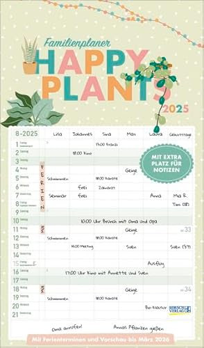 Happy Plants - Familienplaner 2025 - Korsch-Verlag - Kalender mit 6 Spalten zum Eintragen - 27 cm x 46 cm