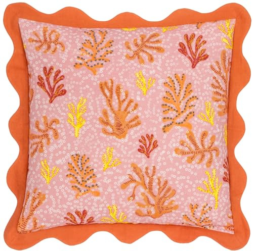 furn. Coral Cushion Cover – Coastal Reef Scalloped Trim Decorative Case (Sandy Pink – 50x50cm)