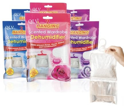 QLV Wardrobe Dehumidifier Hanging Bags - 6 Pack Scented Disposable Dehumidifier Bags for Wardrobe, Home, Bedroom, Caravan, Cupboard, Bathroom - Fast-Acting, Long-Lasting Damp & Moisture Absorber