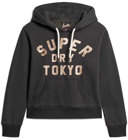 Superdry Damen Glitzer Hoodie mit Grafiklogo Verwaschenes Schwarz 40