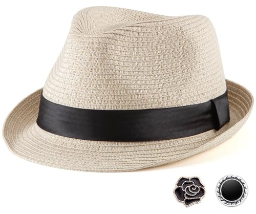 LADYBRO Sommer Stroh Trilby Hut ‌für Herren 1920er Kurze Krempe Fedora Hut, 58cm, Mix Beige