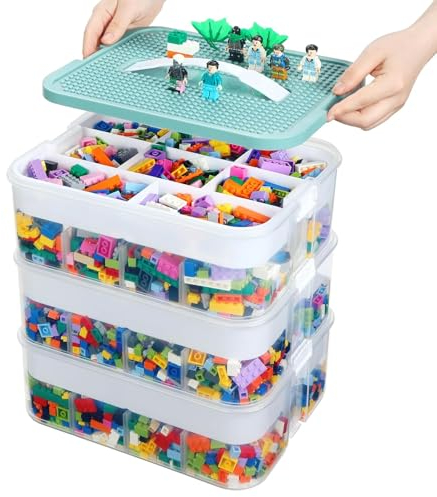 alouweekuky Kinder Aufbewahrungsbox mit Deckel für Lego Bausteine, 3 Stufen Aufbewahrungsboxen für Lego, Stapelbar Kunststoff Aufbewahrung Transparent mit FäChern zur Aufbewahrung von Kinderspielzeug