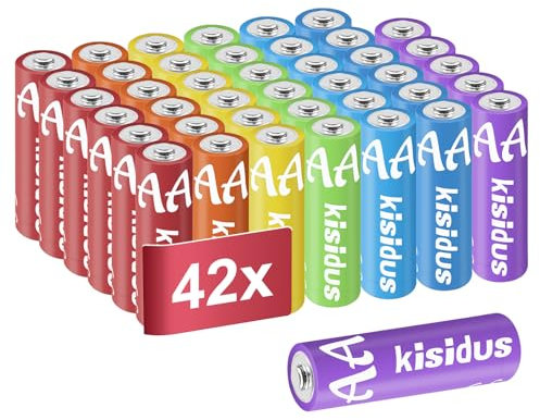 kisidus Batterien AA, 42 Stück, Bunte Einwegbatterien 1,5V LR6, Alkaline AA Batterien Langlebiges Design für Haushalt und Büro