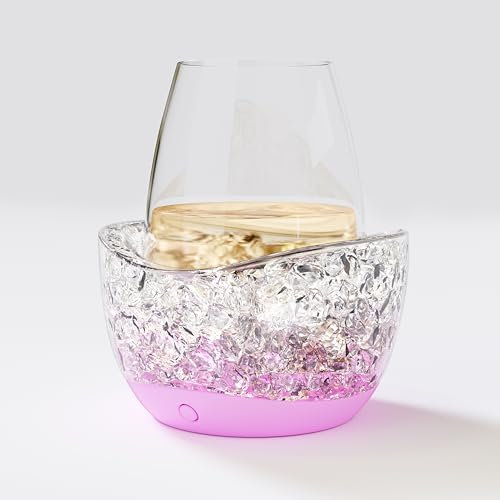 Enfriador de vino para copas sin tallo, mantiene tus copas de vino frías, 10 modos de luz de color, accesorios esenciales para el vino separables(rosa)